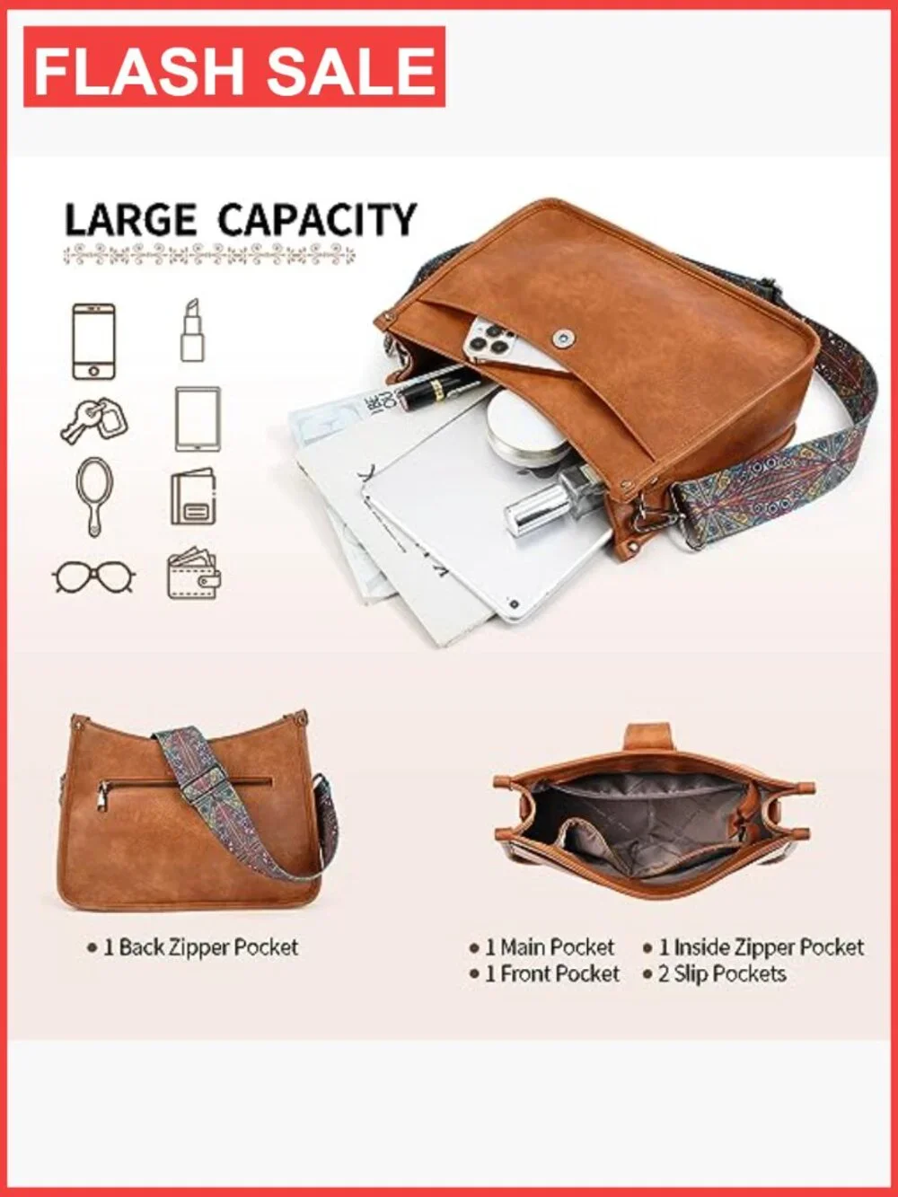 Vegan Leather Hobo Crossbody Bag with 2 Straps